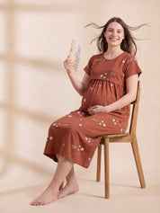 Rust Printed Hosiery Maternity Nighty