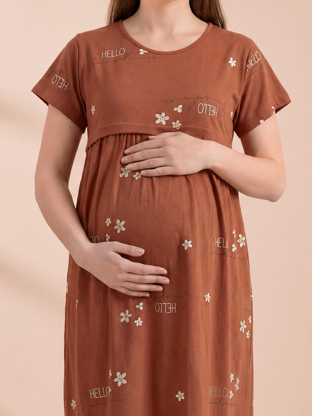 Rust Printed Hosiery Maternity Nighty