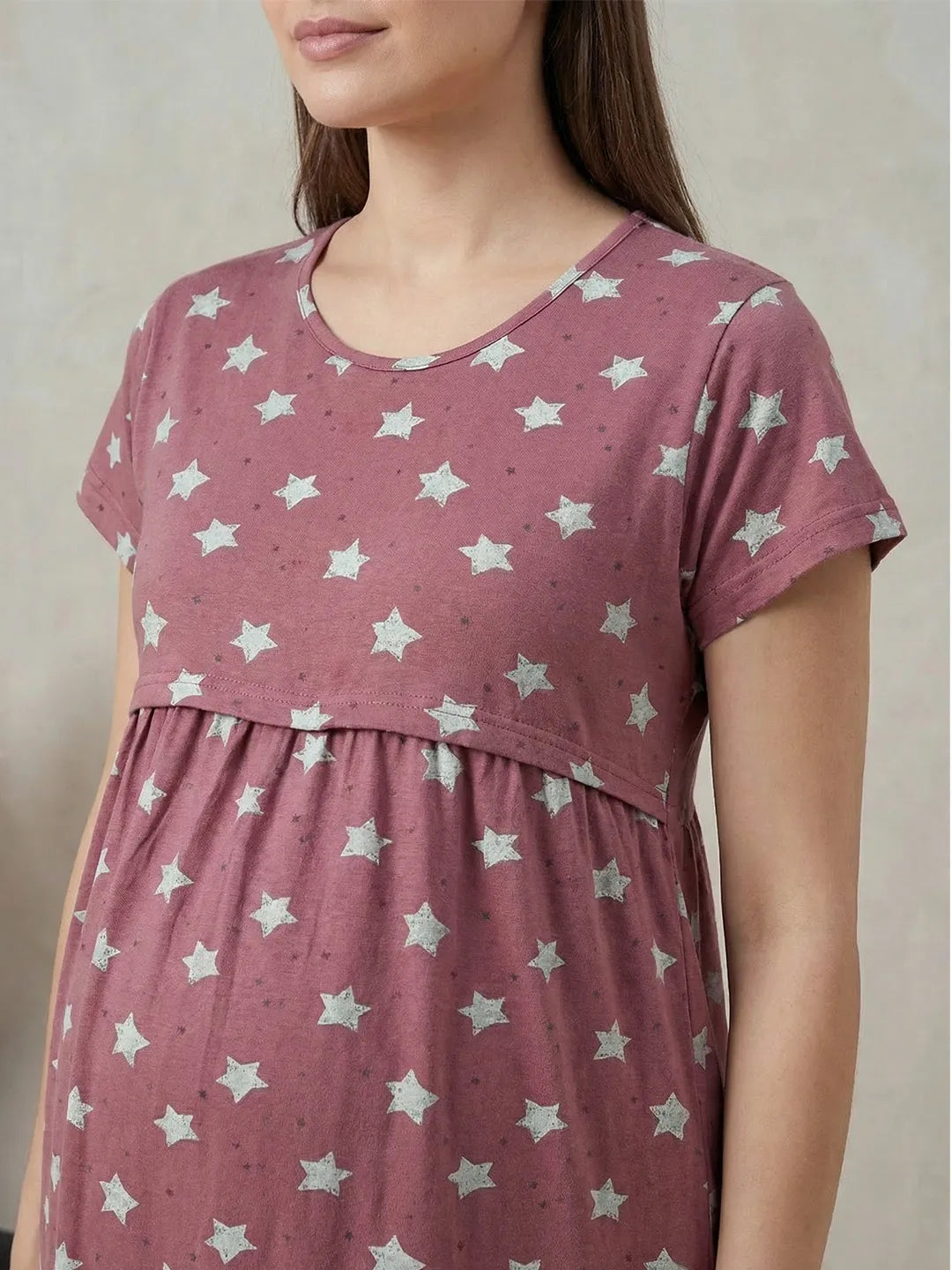 Mauve Pink Star Print Hosiery Maternity Nighty