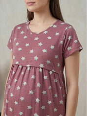 Mauve Pink Star Print Hosiery Maternity Nighty