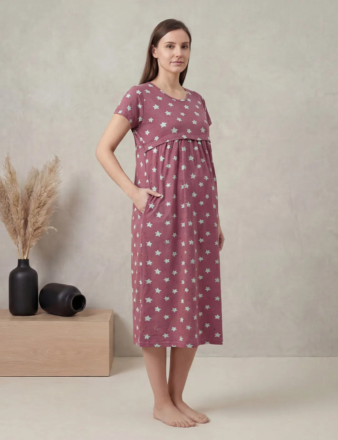 Mauve Pink Star Print Hosiery Maternity Nighty