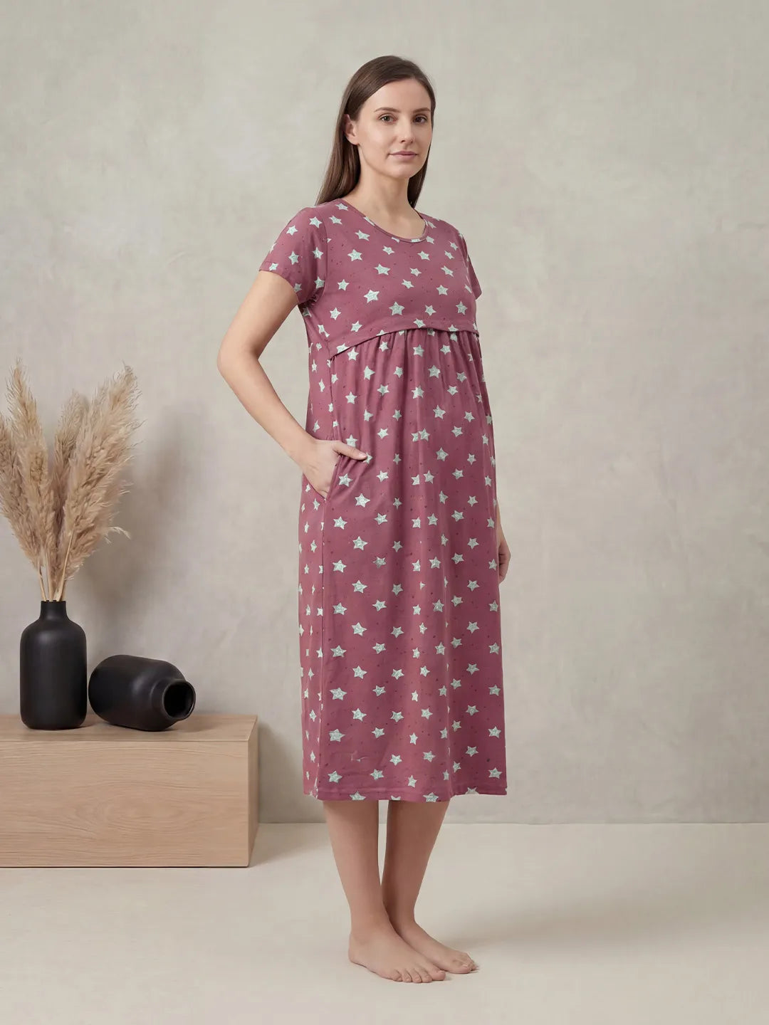 Mauve Pink Star Print Hosiery Maternity Nighty