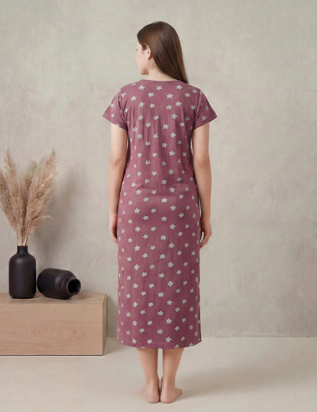 Mauve Pink Star Print Hosiery Maternity Nighty