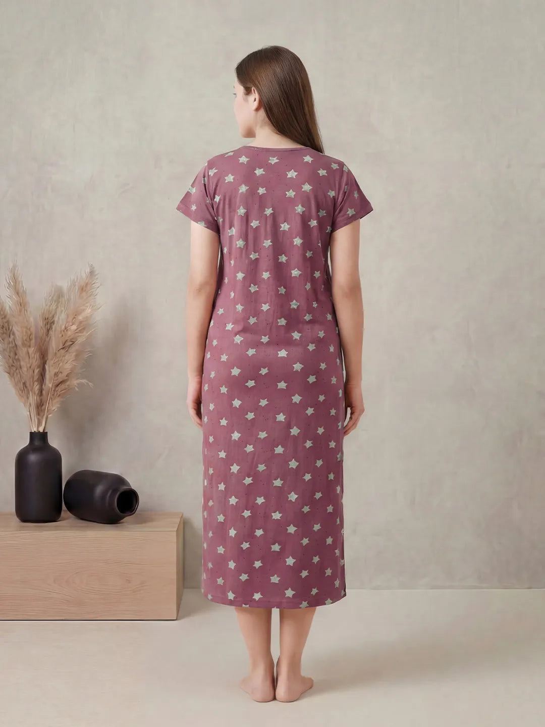 Mauve Pink Star Print Hosiery Maternity Nighty