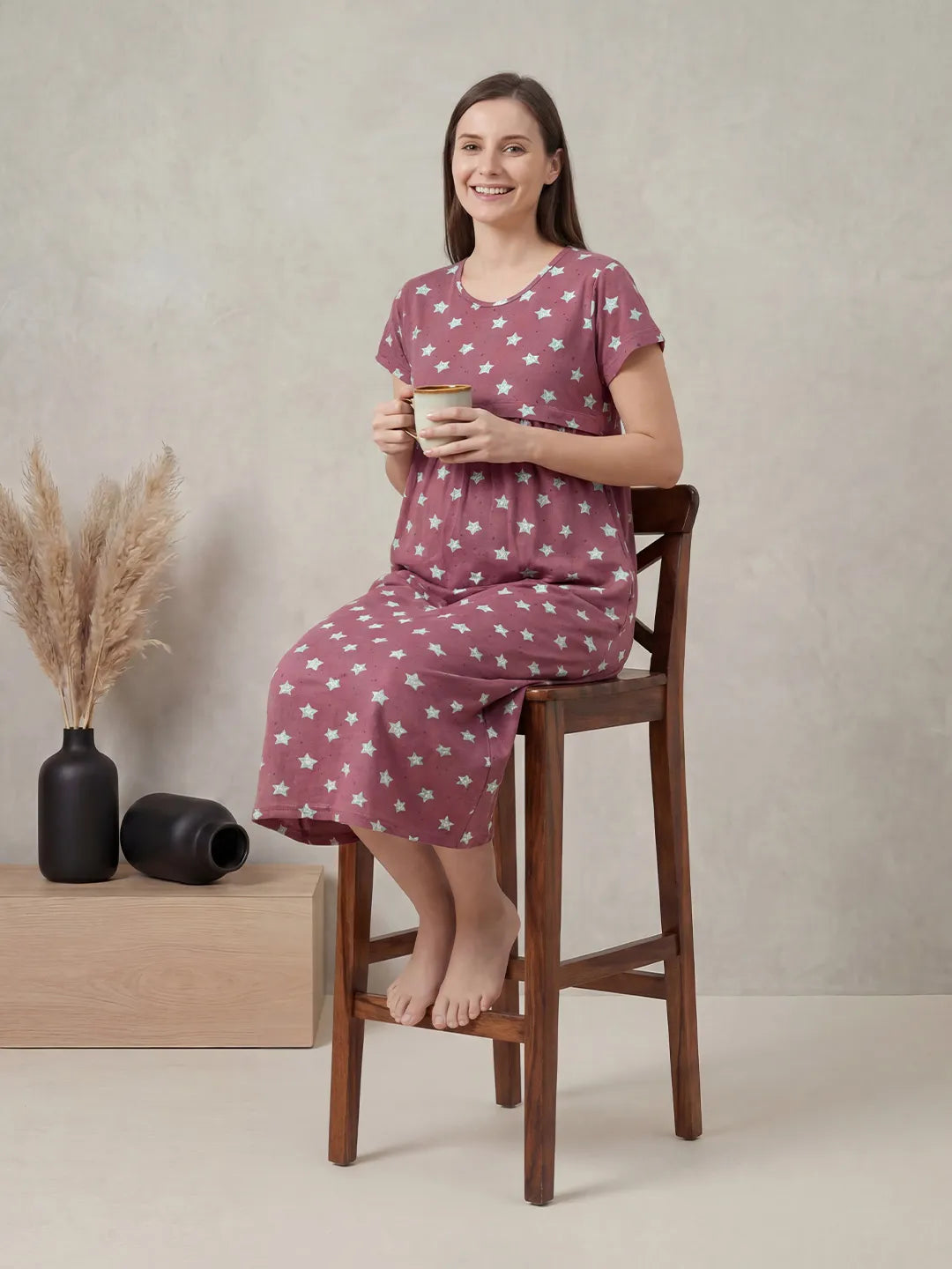 Mauve Pink Star Print Hosiery Maternity Nighty
