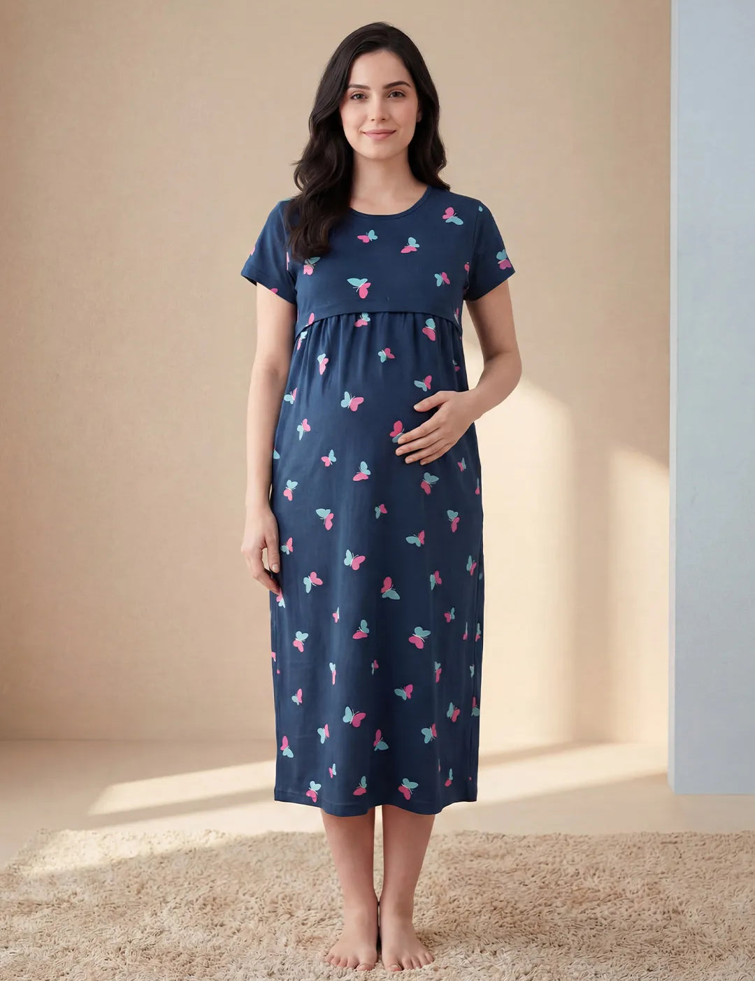 Navy Blue Butterfly Hosiery Maternity Nighty