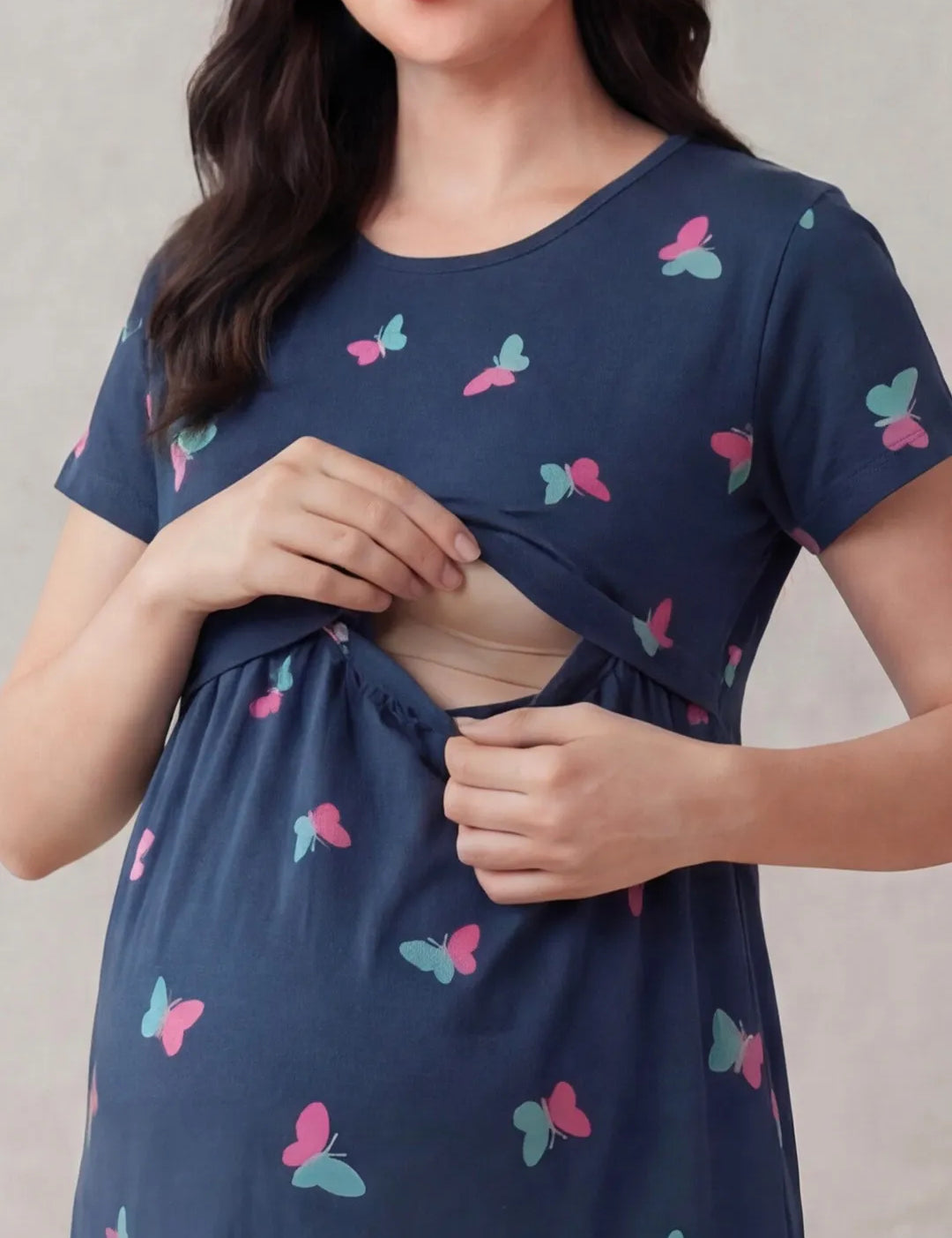 Navy Blue Butterfly Hosiery Maternity Nighty