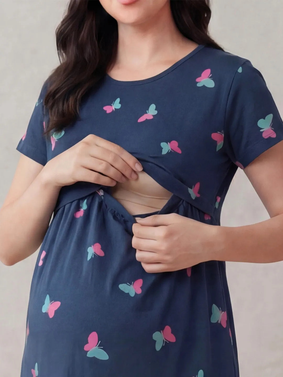Navy Blue Butterfly Hosiery Maternity Nighty