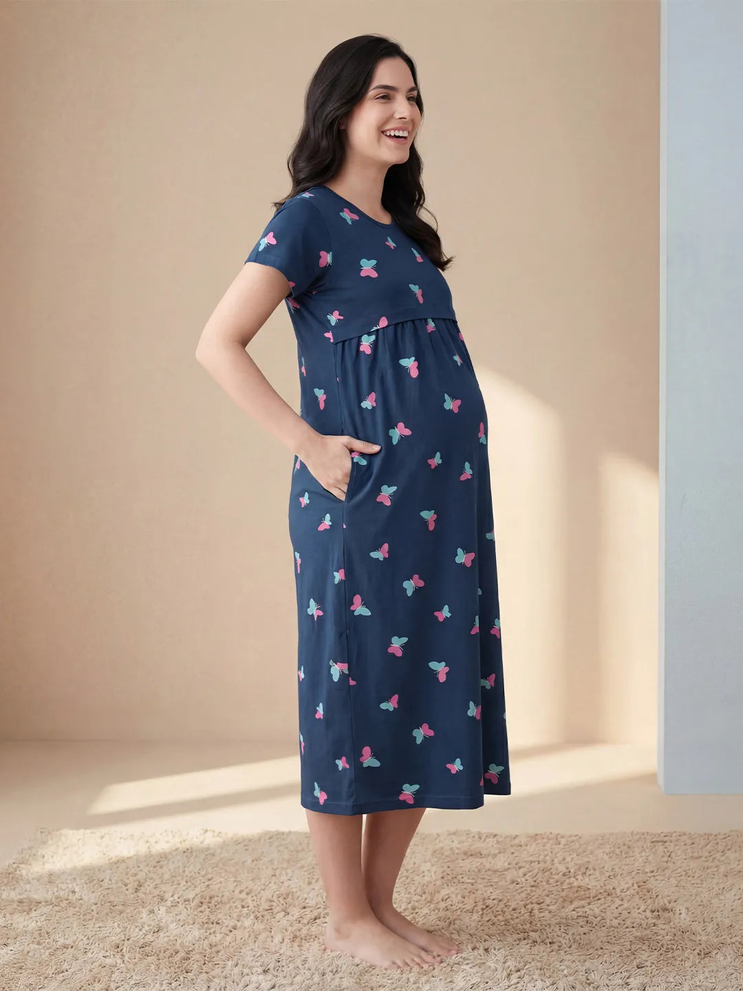 Navy Blue Butterfly Hosiery Maternity Nighty