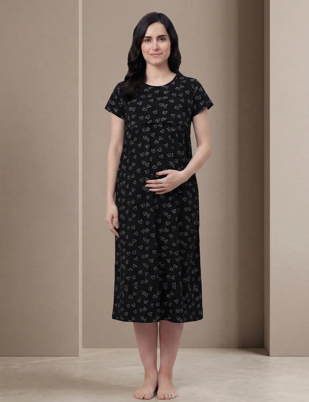 Black Heart Print Hosiery Maternity Nighty
