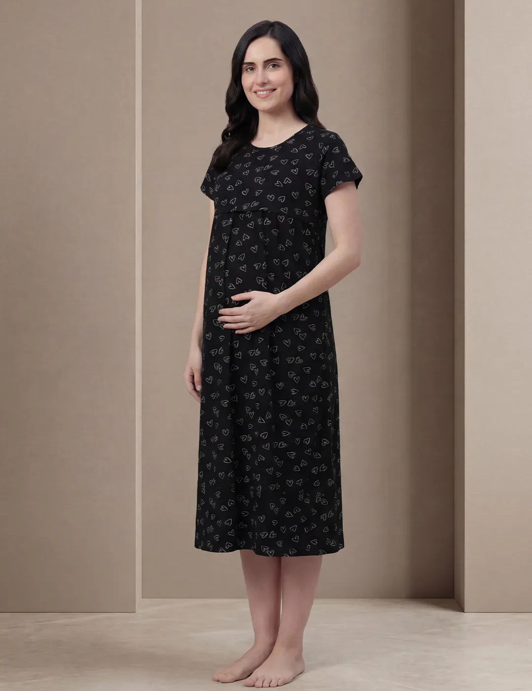 Black Heart Print Hosiery Maternity Nighty