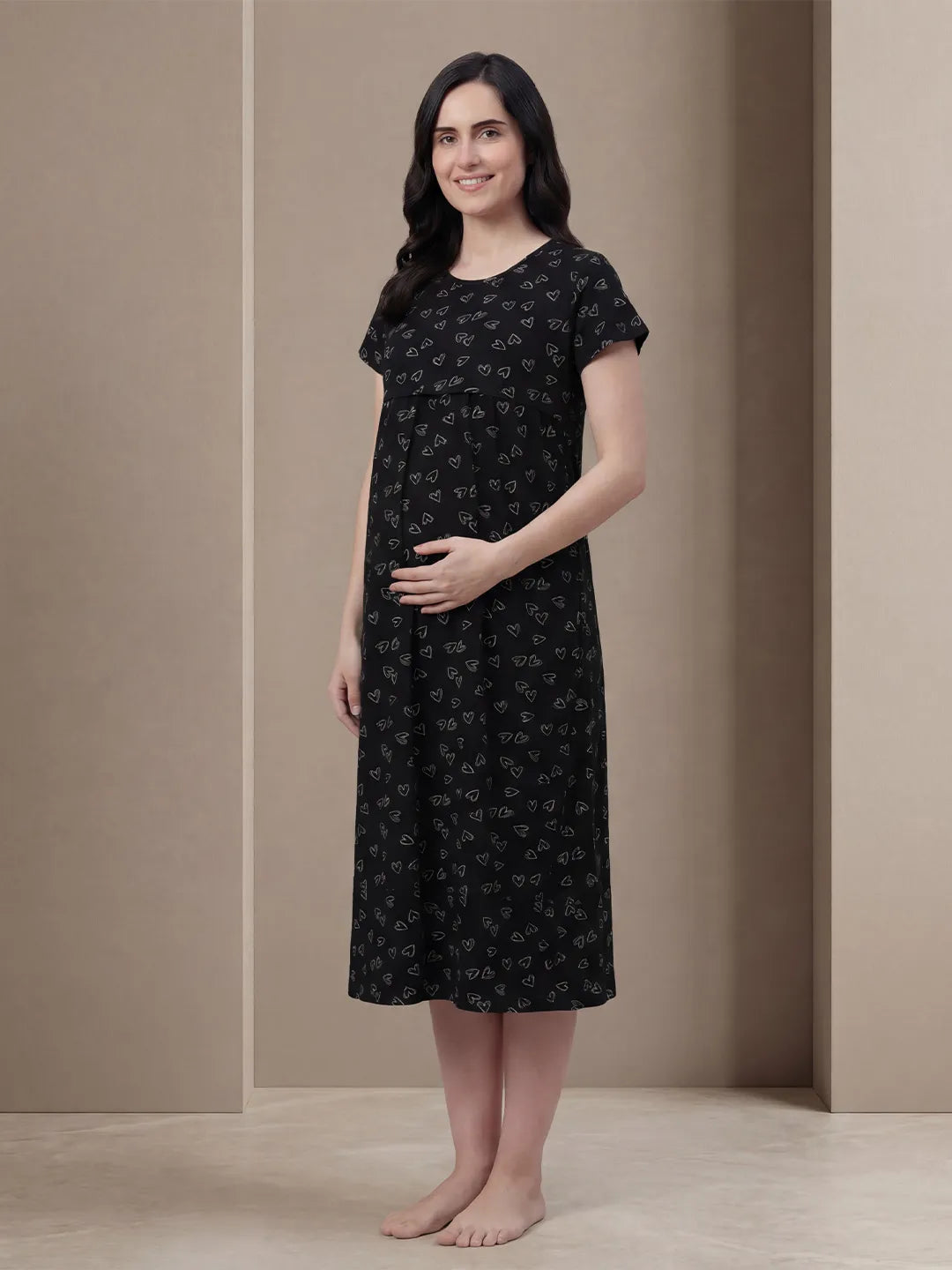 Black Heart Print Hosiery Maternity Nighty