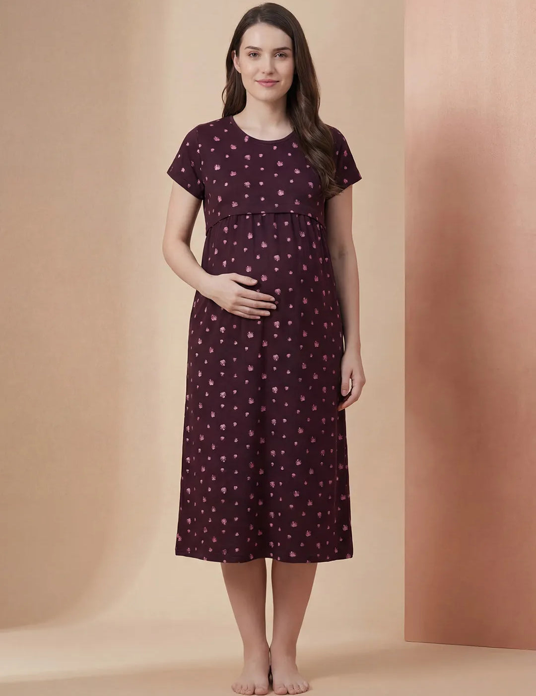 Burgundy Leaf Print Hosiery Maternity Nighty