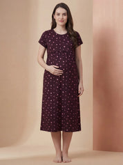Burgundy Leaf Print Hosiery Maternity Nighty