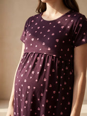 Burgundy Leaf Print Hosiery Maternity Nighty
