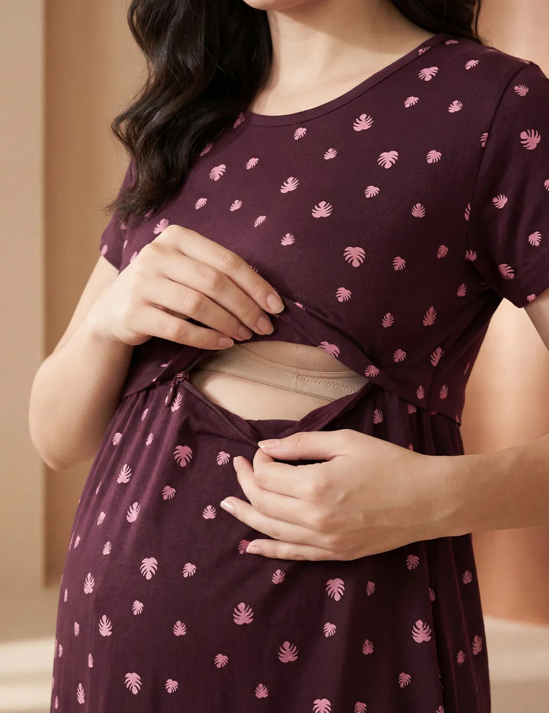 Burgundy Leaf Print Hosiery Maternity Nighty