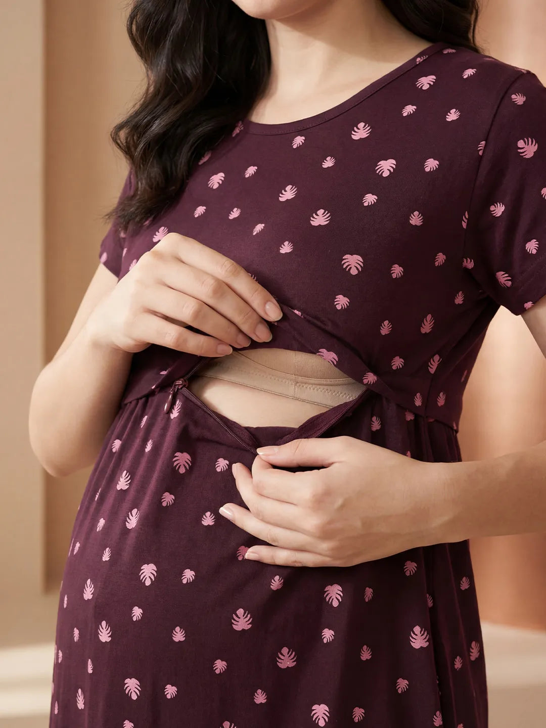 Burgundy Leaf Print Hosiery Maternity Nighty