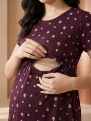 Burgundy Leaf Print Hosiery Maternity Nighty