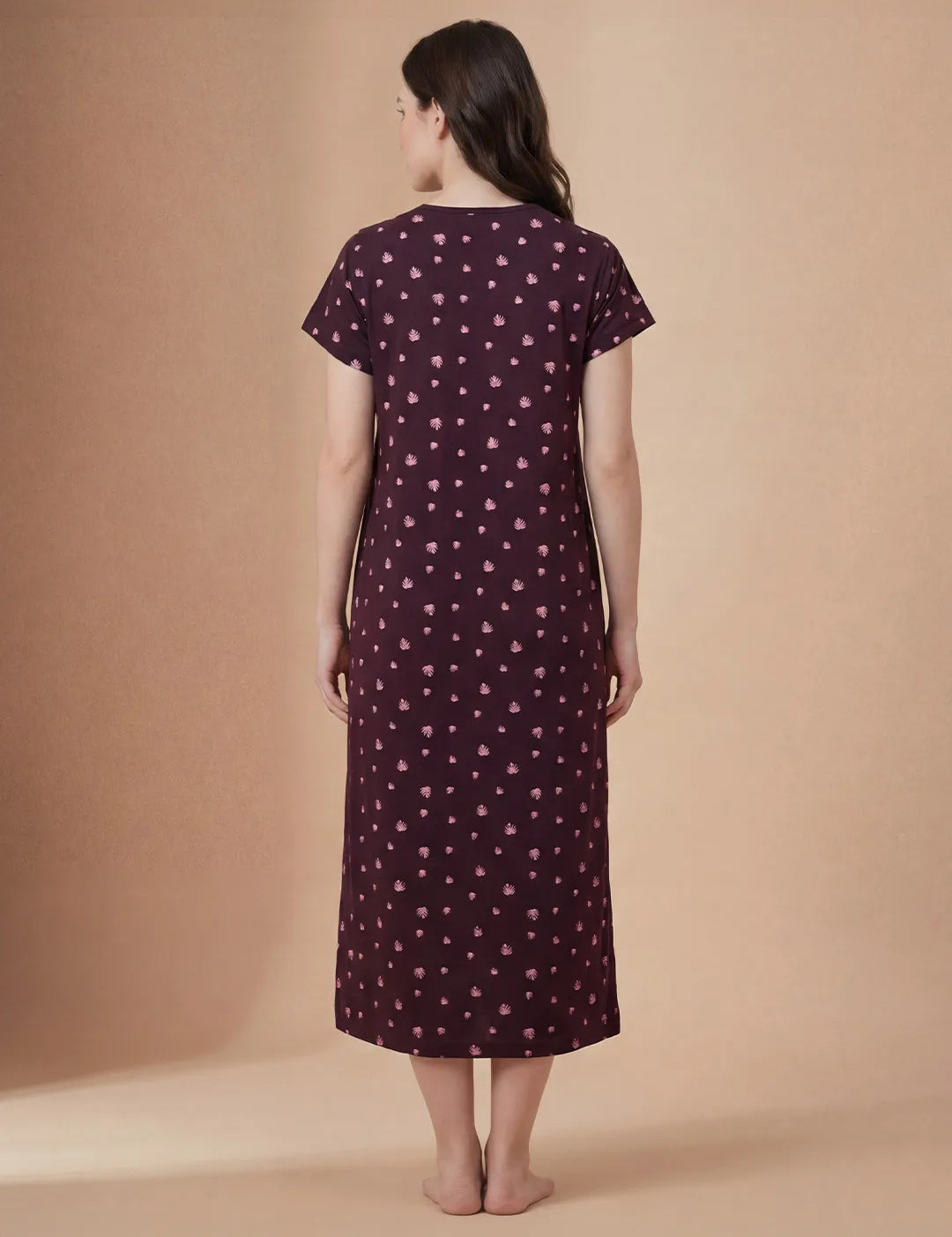 Burgundy Leaf Print Hosiery Maternity Nighty