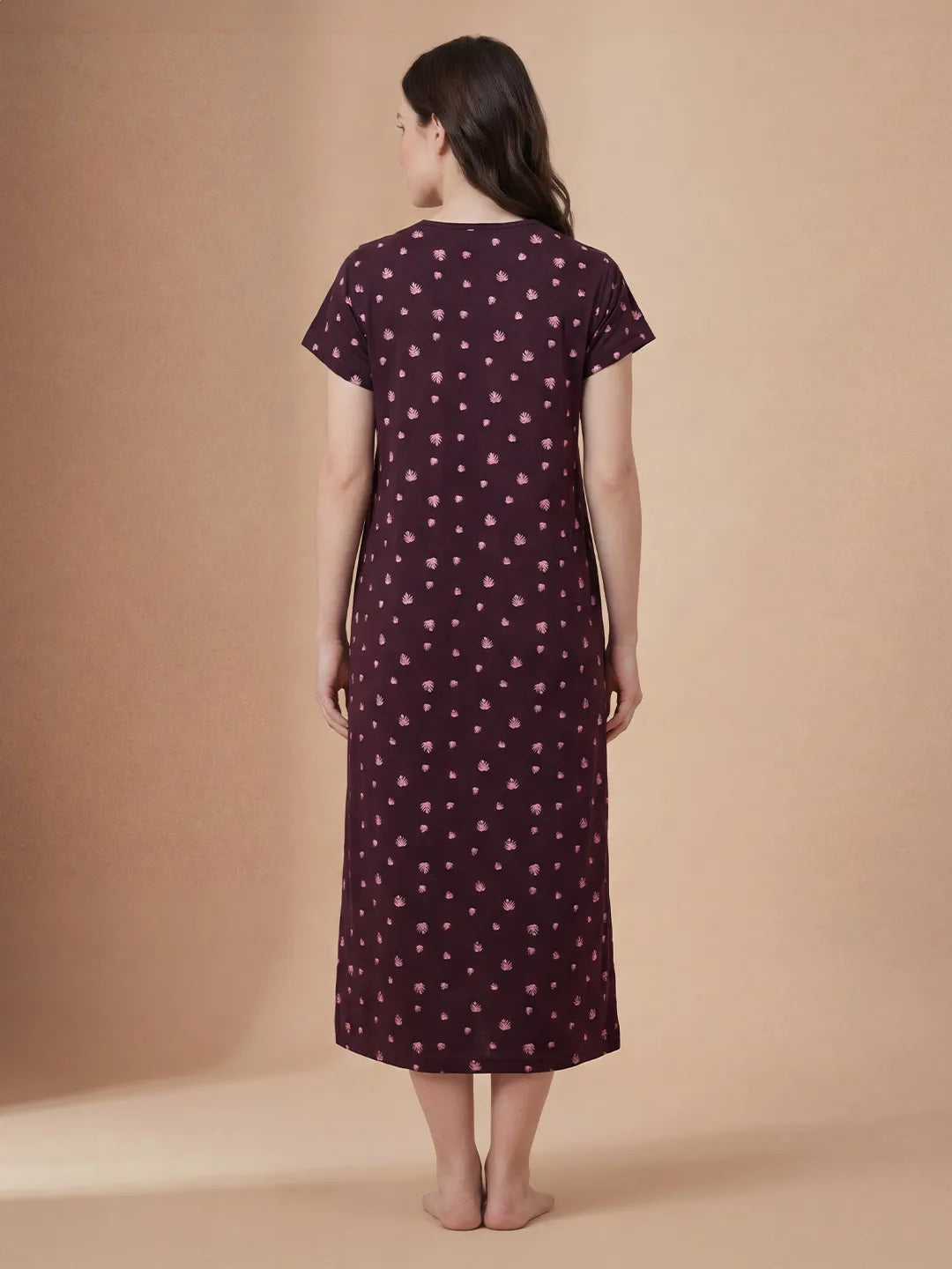 Burgundy Leaf Print Hosiery Maternity Nighty