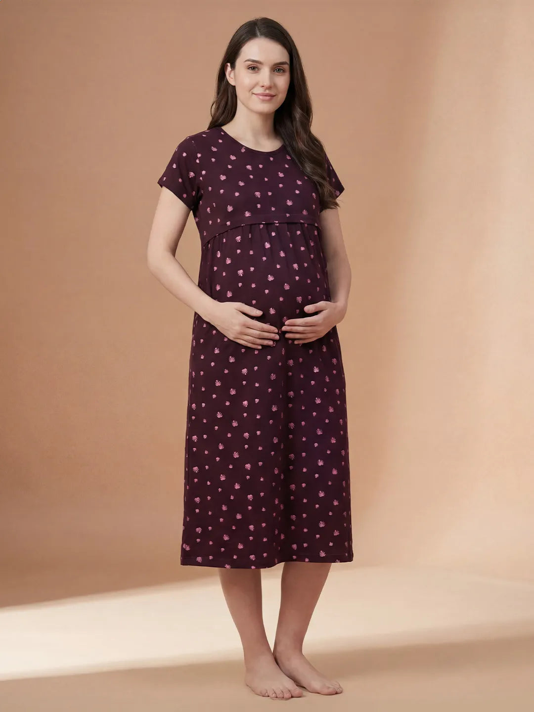 Burgundy Leaf Print Hosiery Maternity Nighty