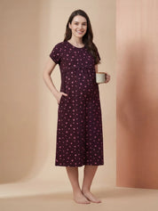 Burgundy Leaf Print Hosiery Maternity Nighty