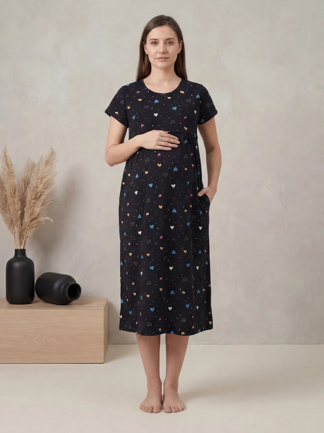 Black Heart Print Hosiery Maternity Nighty