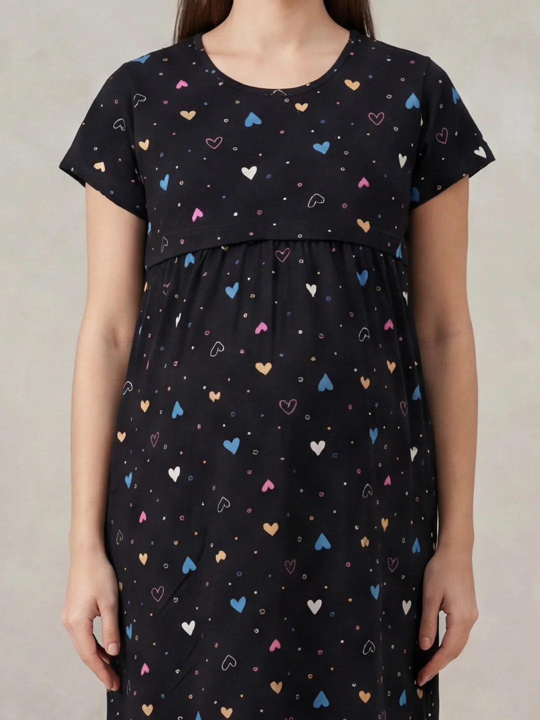 Black Heart Print Hosiery Maternity Nighty