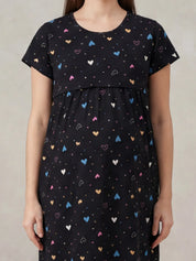Black Heart Print Hosiery Maternity Nighty