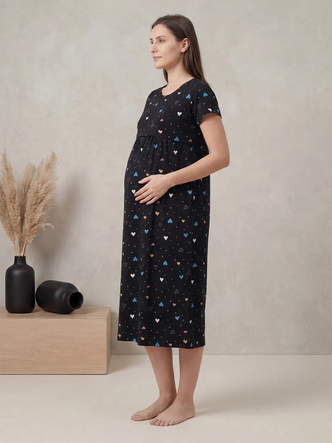 Black Heart Print Hosiery Maternity Nighty