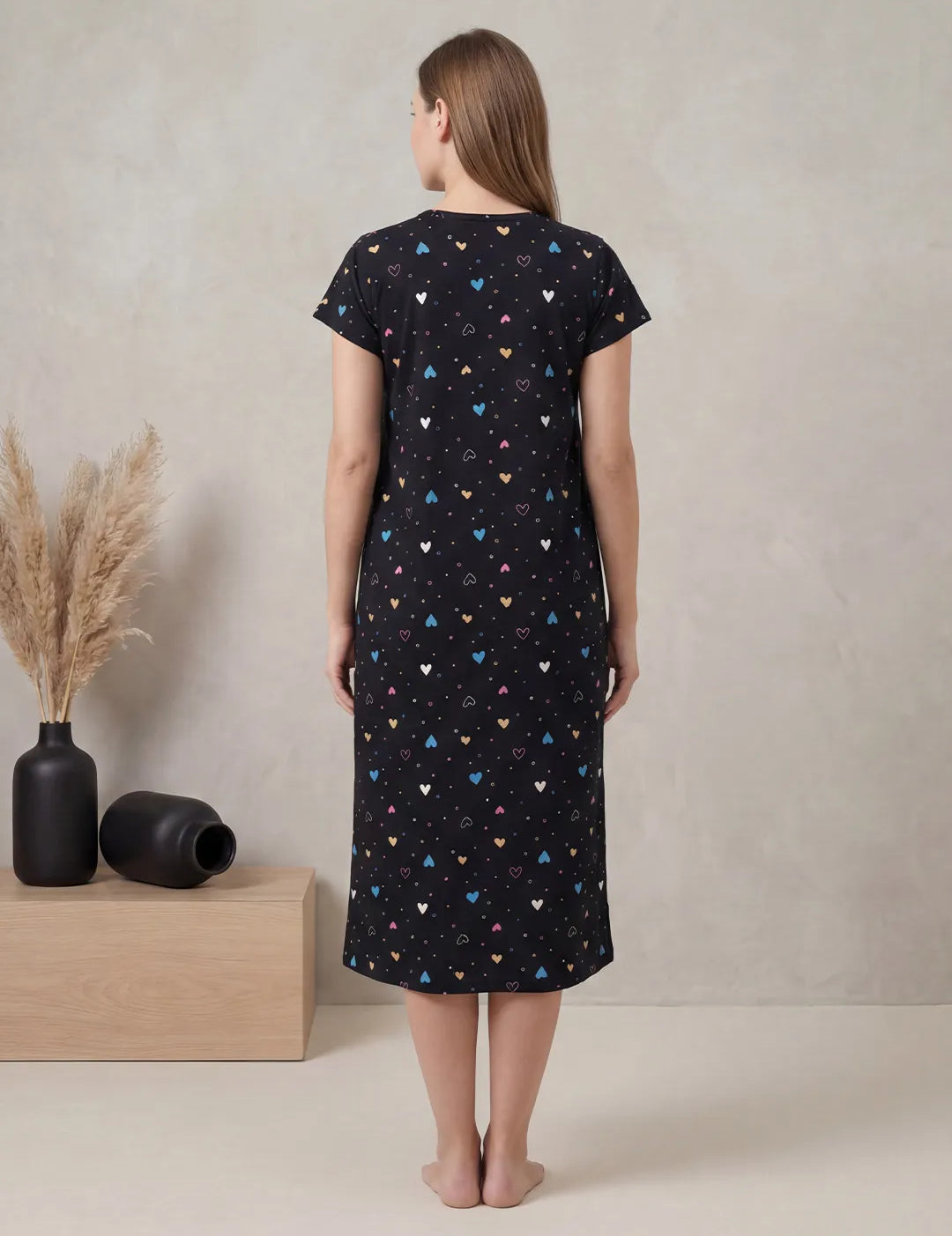 Black Heart Print Hosiery Maternity Nighty