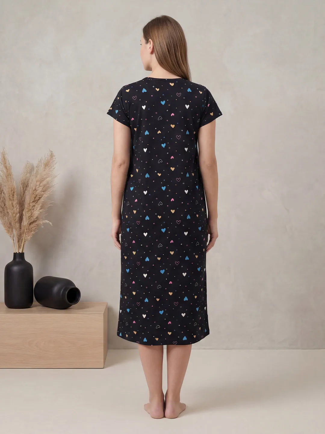 Black Heart Print Hosiery Maternity Nighty