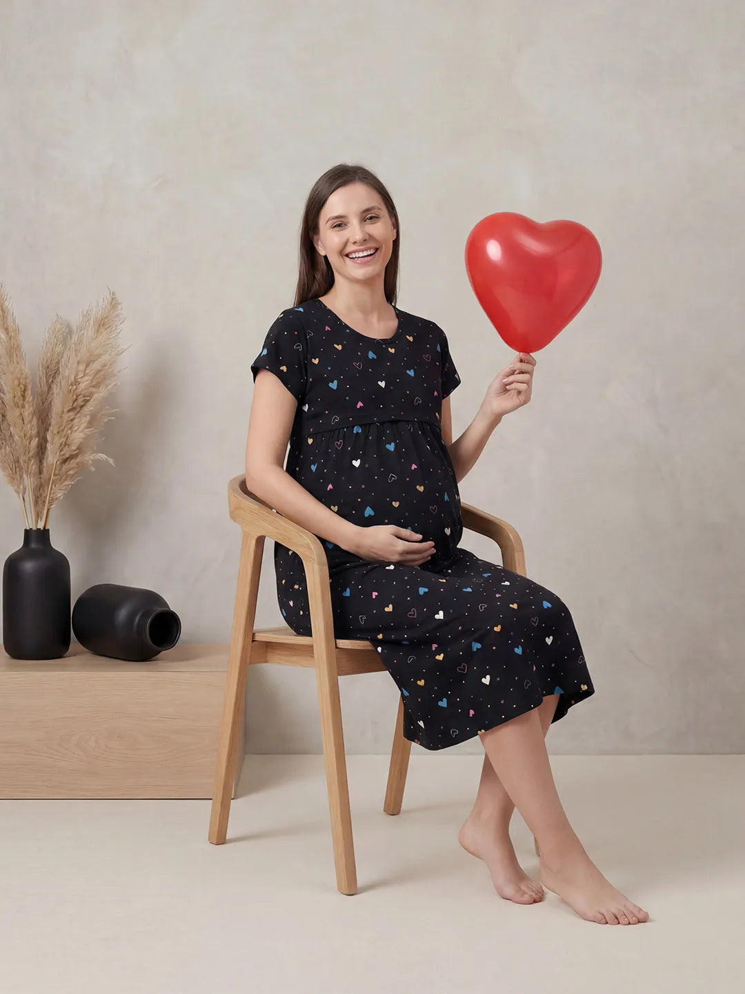 Black Heart Print Hosiery Maternity Nighty