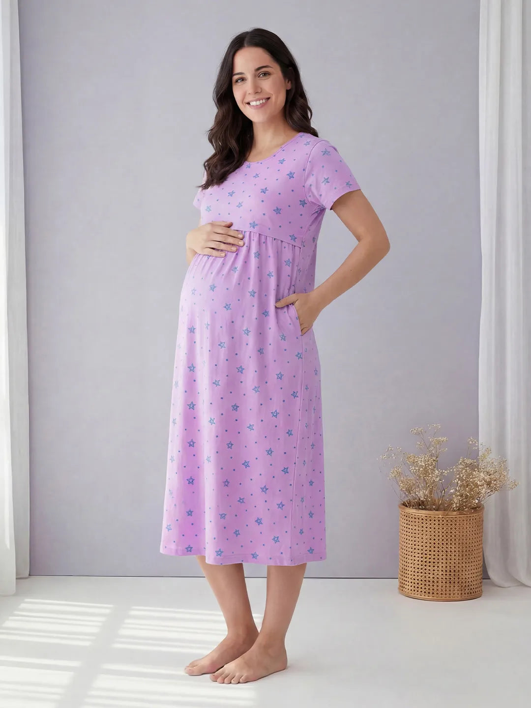 Lilac Star Print Hosiery Maternity Nighty