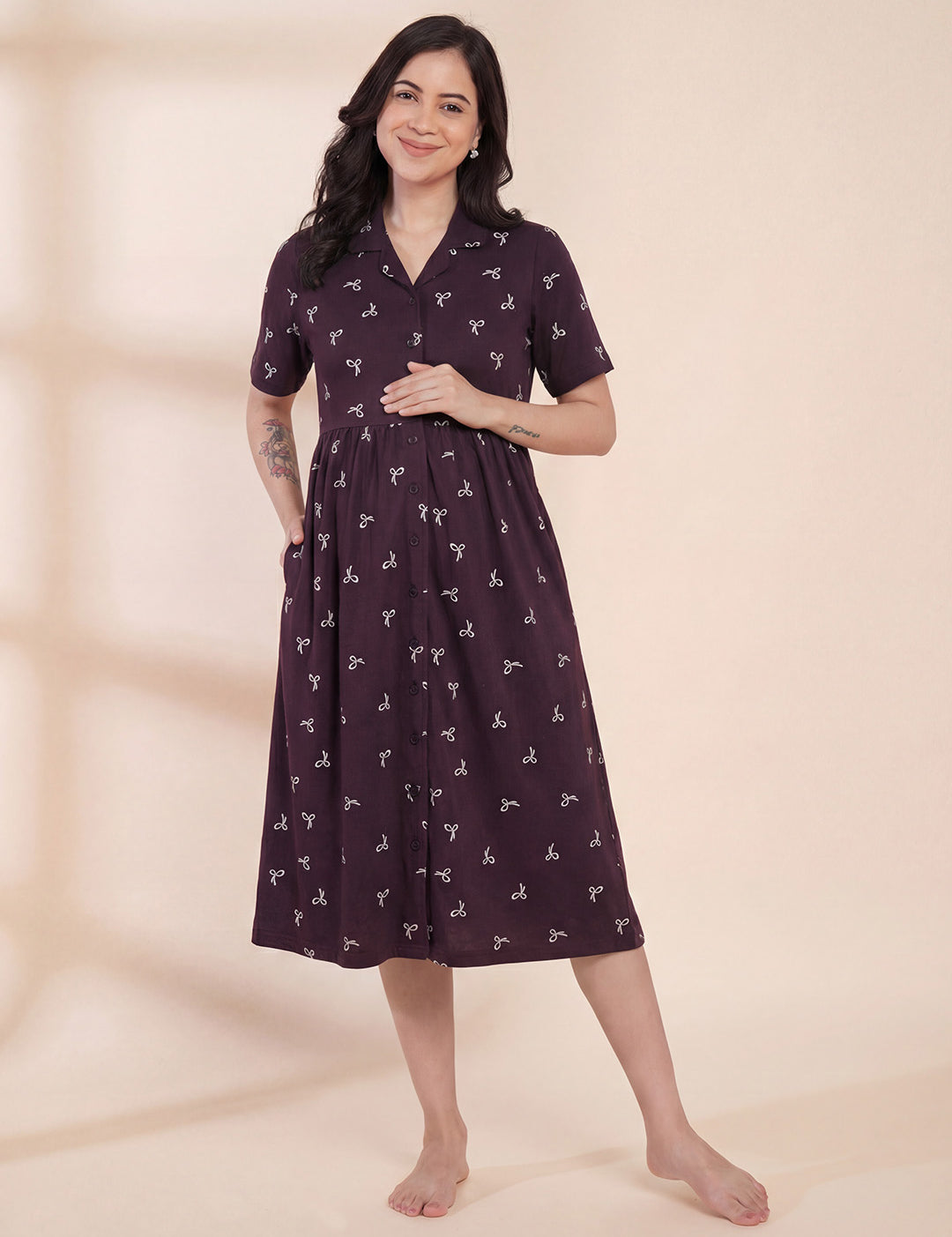 Purple Printed Hosiery Padded Maternity Nighty