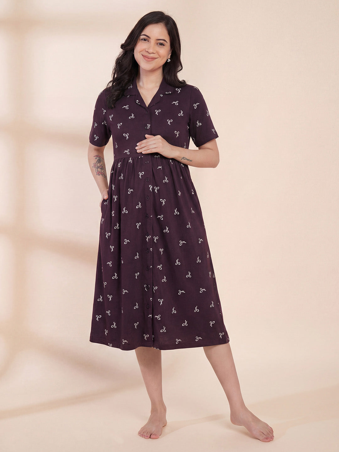 Purple Printed Hosiery Padded Maternity Nighty