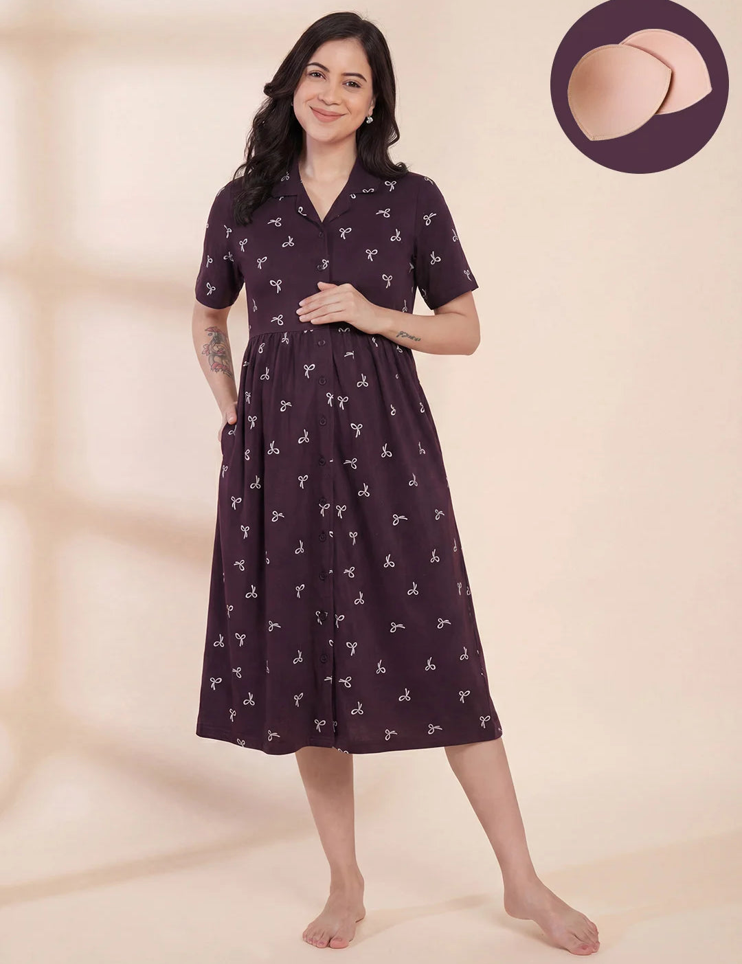 Purple Printed Hosiery Padded Maternity Nighty