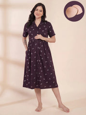 Purple Printed Hosiery Padded Maternity Nighty