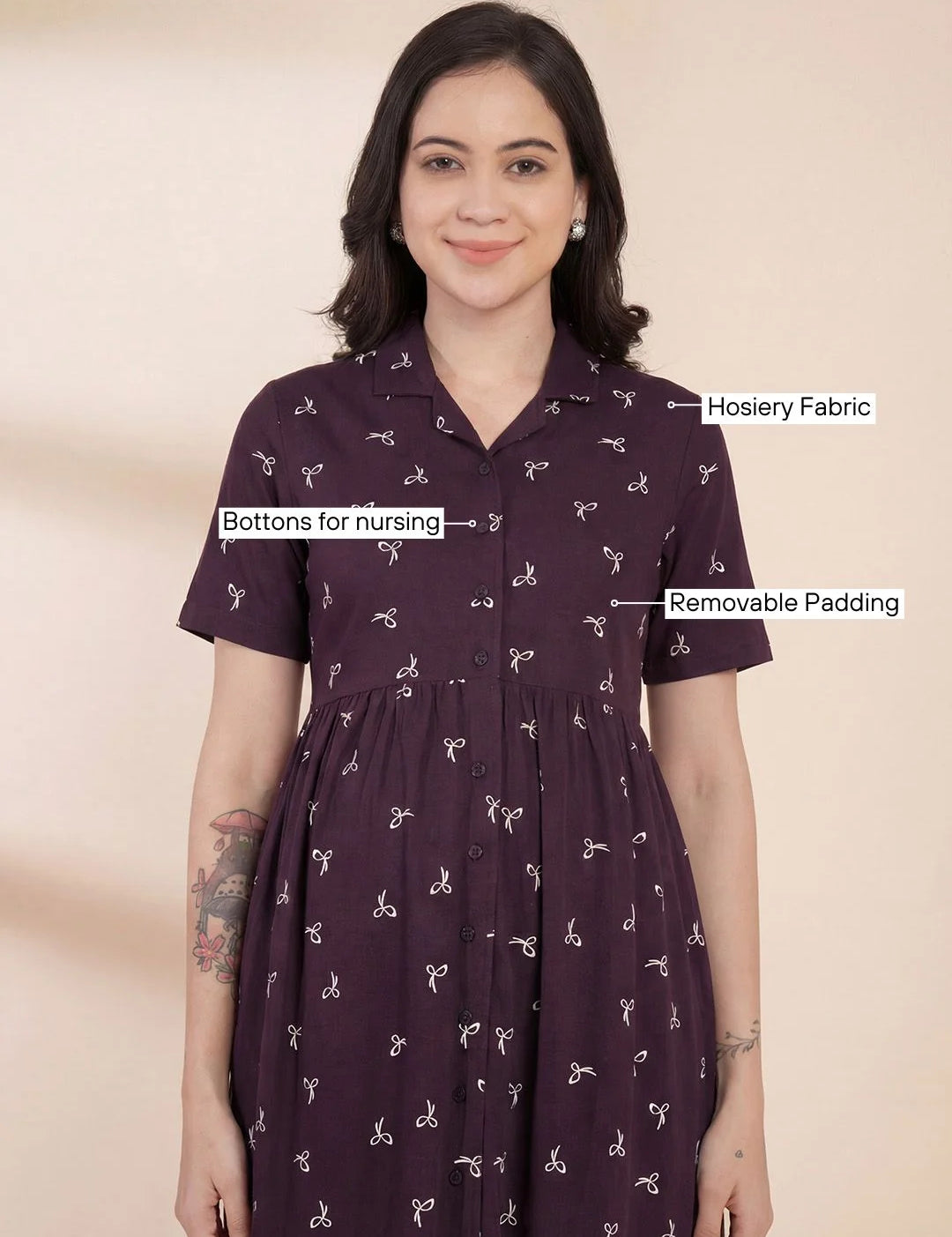 Purple Printed Hosiery Padded Maternity Nighty