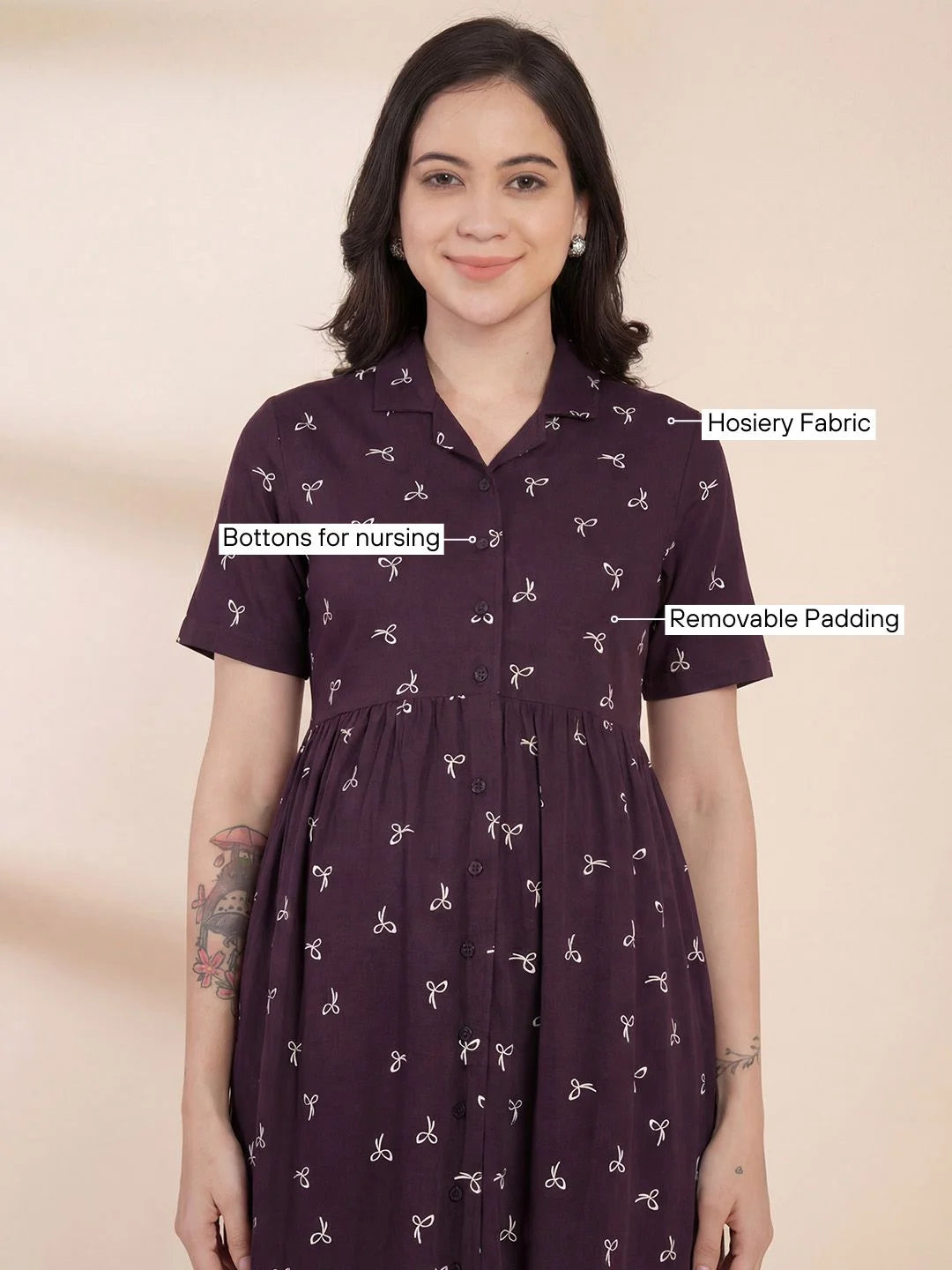 Purple Printed Hosiery Padded Maternity Nighty