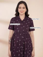 Purple Printed Hosiery Padded Maternity Nighty