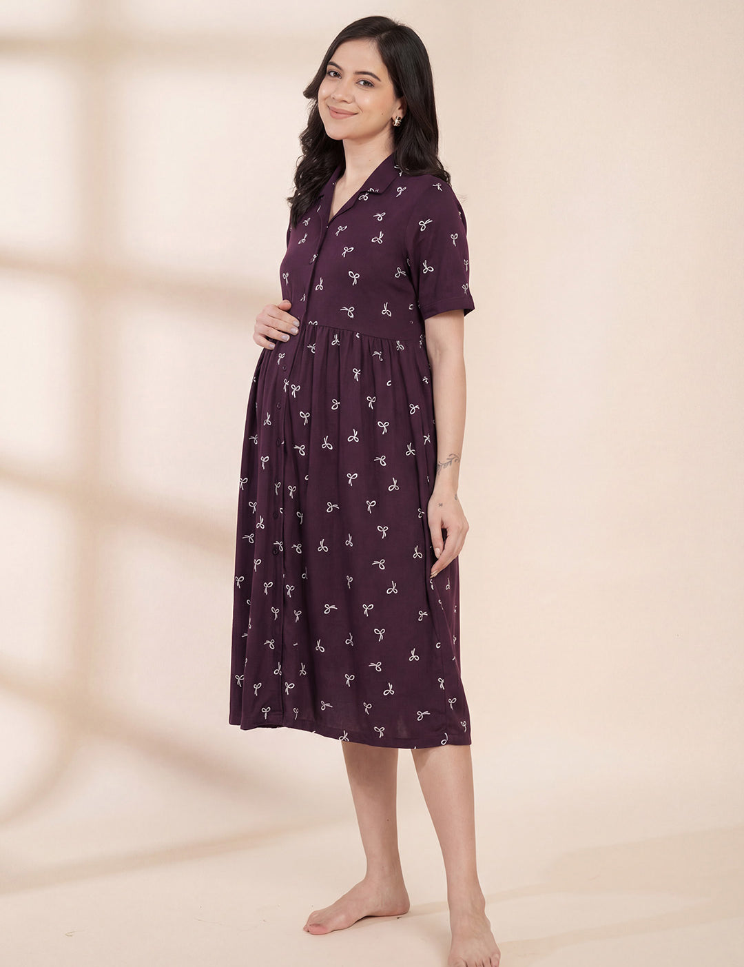 Purple Printed Hosiery Padded Maternity Nighty