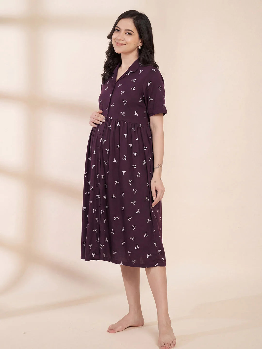 Purple Printed Hosiery Padded Maternity Nighty