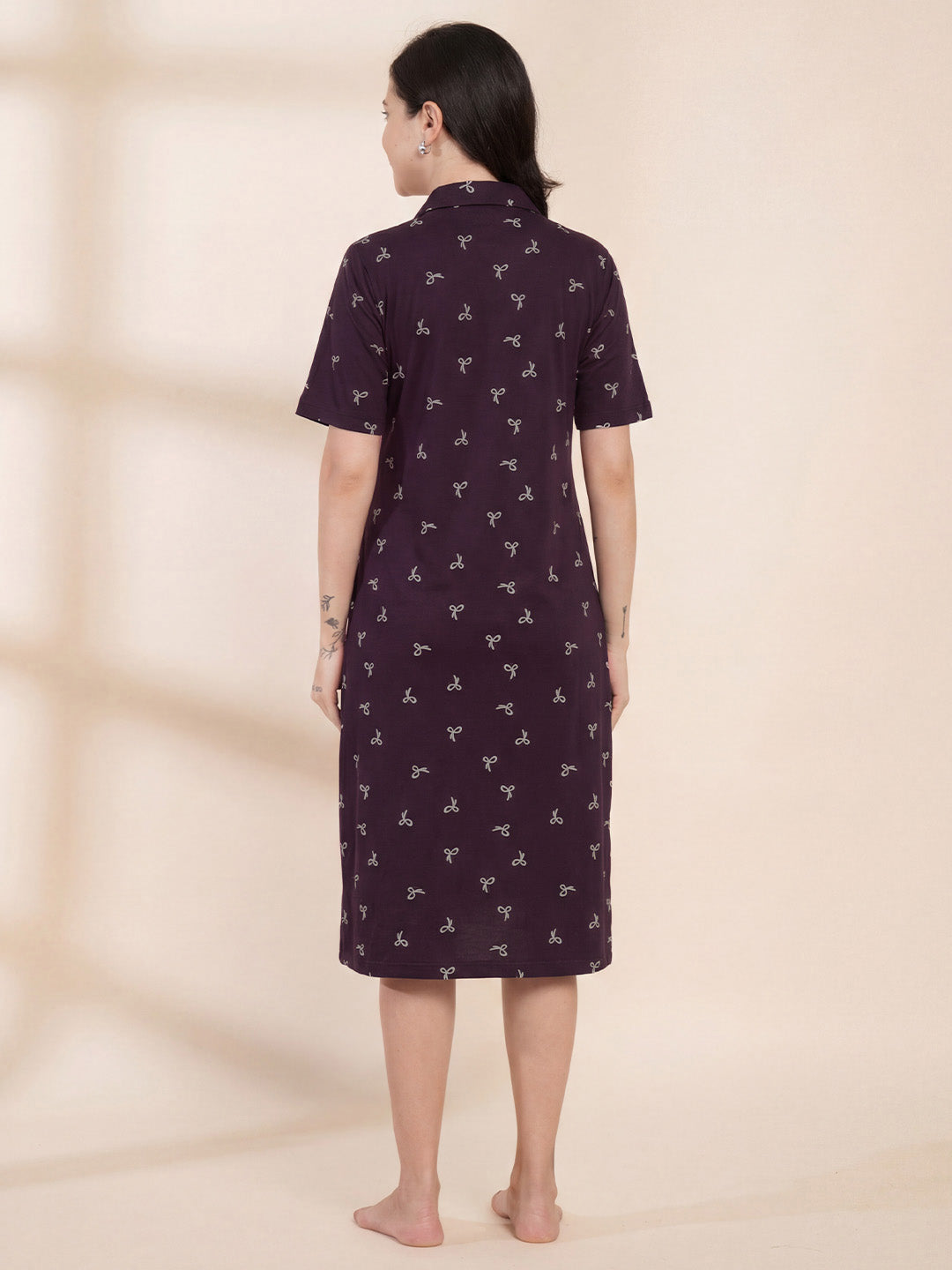 Purple Printed Hosiery Padded Maternity Nighty