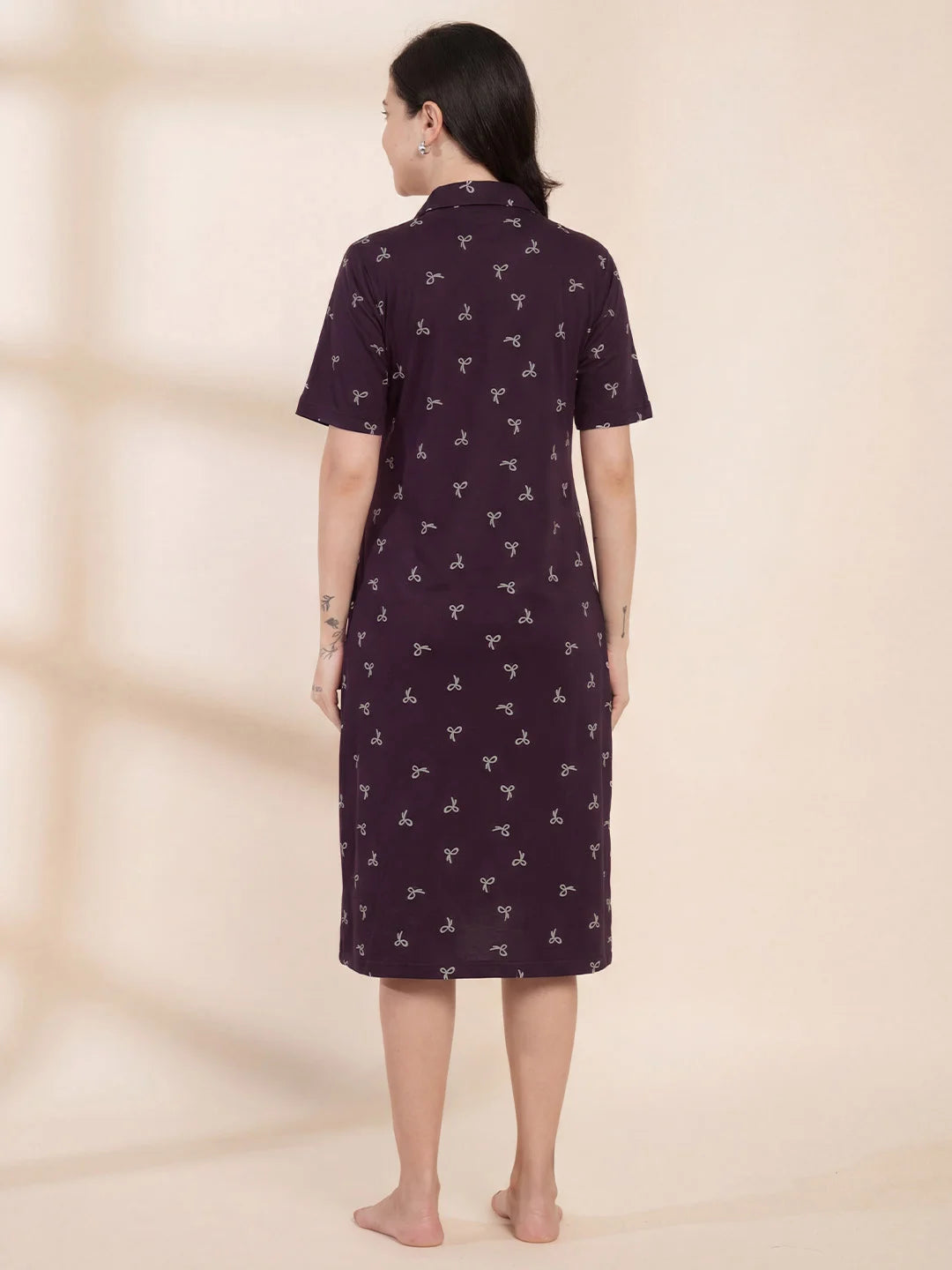 Purple Printed Hosiery Padded Maternity Nighty