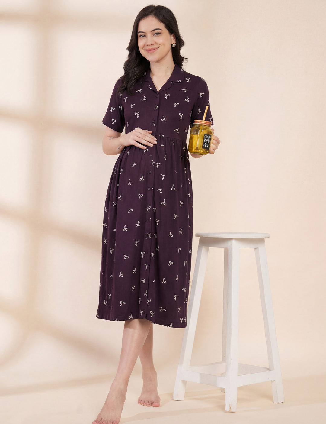Purple Printed Hosiery Padded Maternity Nighty