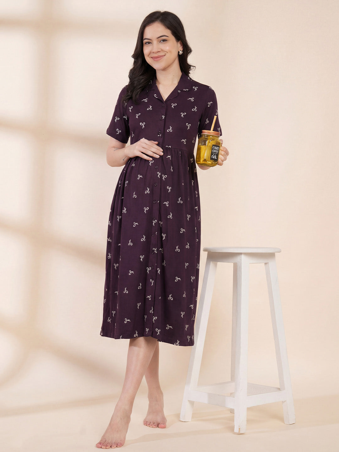 Purple Printed Hosiery Padded Maternity Nighty