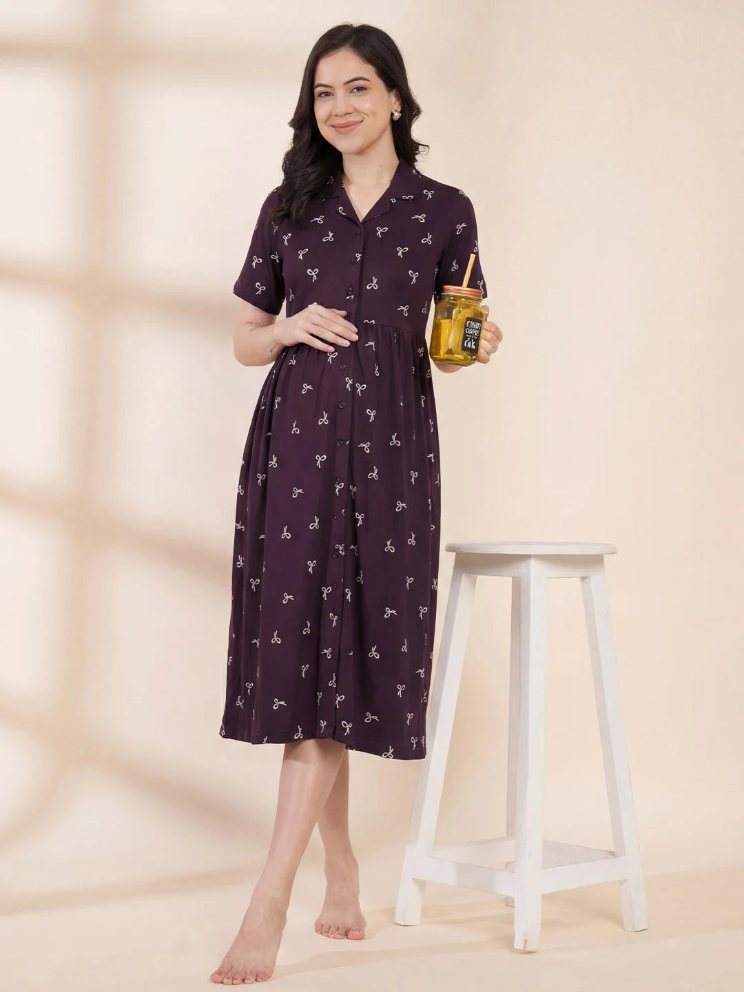 Purple Printed Hosiery Padded Maternity Nighty