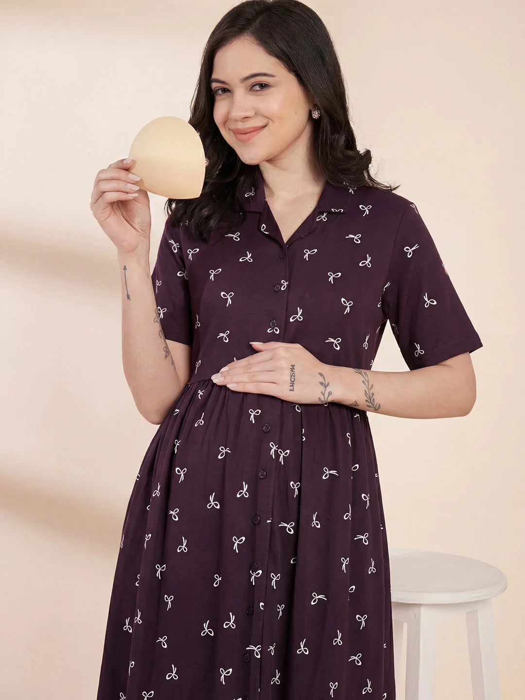 Purple Printed Hosiery Padded Maternity Nighty
