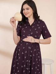 Purple Printed Hosiery Padded Maternity Nighty